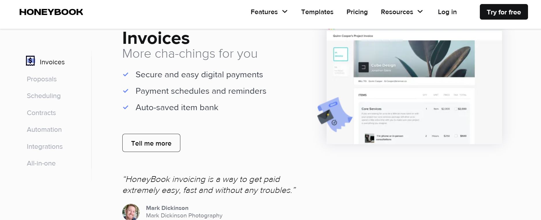 Honeybook features - Invoices
